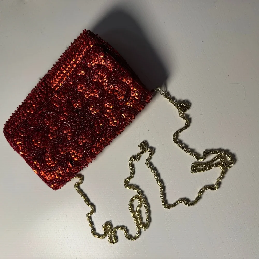 La Regale Vtg Red Beads Sequin Clutch Evening Bag Glam Wedding Guest Bridal Gala